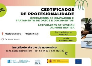 Abierto el prazo de inscripción de los cursos gratuitos presenciales en Lugo y Melide para la obtención de certificados de profesionalidad